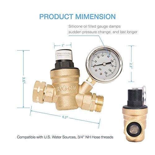 RVAQUA M11-45PSI Water Pressure Regulator for RV Camper - Brass Lead-Free Adjustable RV Water Pressure Reducer with 160 PSI Gauge and Inlet Stainless Screened Filter