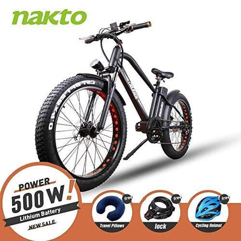 NAKTTO 26" 500W Electric Bicycle Fat Tire Mountain EBike 6 Speeds Gear, Removable 48V12A Lithium Battery Smart Multi Function LED Display - with 48V12A Lithium Battery