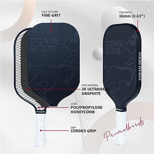 PrimalBirds Premium Pickleball Paddle Racket with Cushion Comfort Pickleball Paddle Grip | Graphite Carbon Surface | Honeycomb Core | Classic Black