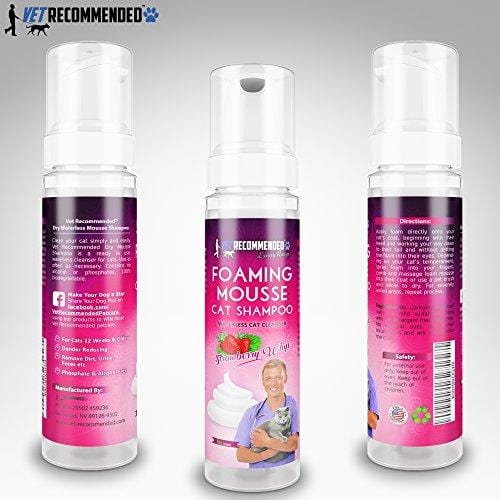 Vet Recommended NEW Waterless Cat Shampoo - No Rinse Dry Foam Mousse - Luxurious Strawberry Patch Scent - 8oz/240ml, Made in USA.