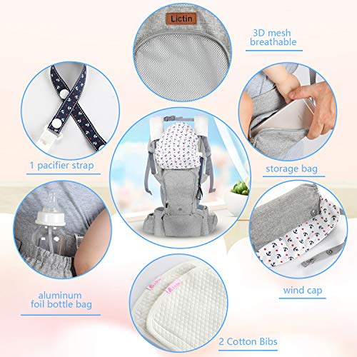 Lictin Baby Carrier 6-in-1 Ergonomic Backpack Carry with Hip Seat for Infants from 3.5KG to 20KG with 2 Cotton Bibs, 1 Pacifier Chain, with CE ASTM Certificated Tummy Carrier for Hiking, Shopping