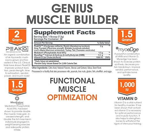 Genius Muscle Builder - Best Natural Anabolic Growth Optimizer for Men & Women | True Weight Gainer Workout Supplement for Steel Physique | Clear Plateaus & Gain Mass in 7 Days with HMB, PA & Peak02