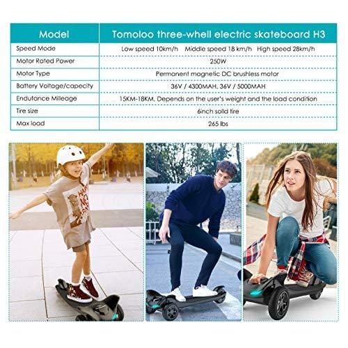 TOMOLOO Electric Skateboard and Three Wheels Electric Skateboard for MAX 265 lbs and Smart Electric Scooter Motorized Longboard with UL2272 Certified for Adults and Children