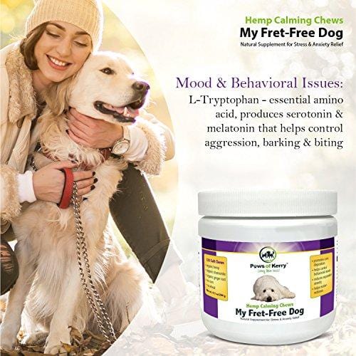 Paws of Kerry #1 Calming Treats for Dogs Anxiety, Natural Relief from Separation Anxiety, Organic Hemp Oil Soft Chews & Calm Aid for Motion Sickness, Storms, L-Tryptophan & Organic Chamomile |120 Soft