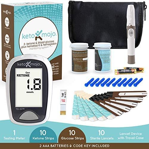 KETO-MOJO Blood Ketone and Glucose Testing Kit, Monitor Your Ketogenic Diet, 1 Meter, 1 Lancing Device, 10 Lancets, 10 Ketone Test Strips, 10 Glucose Test Strips, Carrying Case