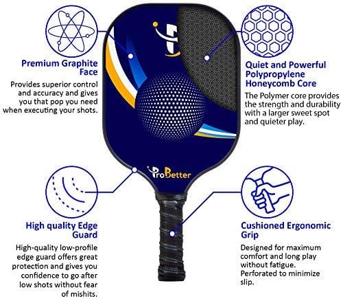ProBetter Pickleball Paddle Graphite Face Polymer Honeycomb Core - Edge Guard - Racket Cover - Premium Cushion Grip Provides Perfect Balance Power Control for Players of All Levels