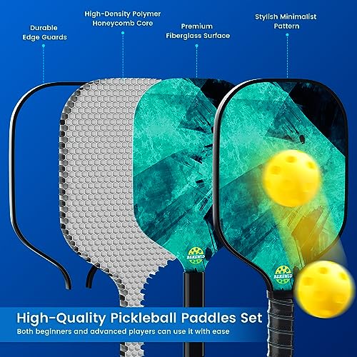 Benewid Pickleball Paddles, Pickleball Paddles Set of 2, Fiberglass Pickleball Set, Lightweight Pickleball Rackets, Pickleball Set with 4 Pickleball Balls and 1 Pickleball Bag Gifts for Men Women