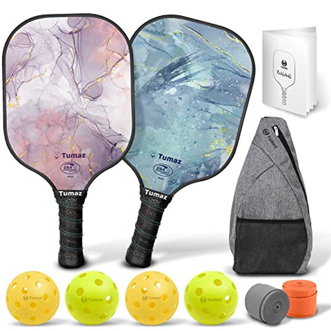 Tumaz Pickleball Paddles Set of 2, USAPA Approved Pickleball Set with Premium Honeycomb Core and Fiberglass Face Pickleball Rackets, 4 Pickle Balls, 2 Grip Tapes, and Portable Carry Bag Included