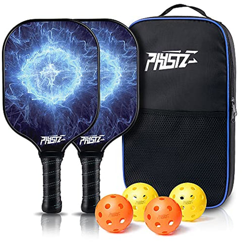 Pickleball Paddles, PHYSIZZ Pickleball Paddle Set of 2 Graphite Surface Pickleball Rackets 4 Pickleball Balls and 1 Carrying Bag, Lightweight Honeycomb Core Polypropylene USAPA Pickleball Raquette Set