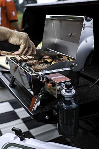 Camco Stainless Steel Portable Propane Gas Grill, Convenient Size For Tailgating, Camping, RV, Picnicking, Home and Boats, Includes Storage Bag (125 Square Inches Of Cooking Surface)