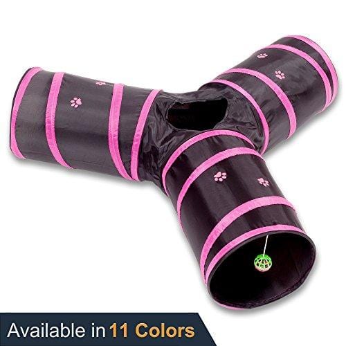 Prosper Pet Cat Tunnel - Collapsible 3 Way Play Toy - Interactive Tube Toys for Rabbits, Kittens, and Dogs - Black/Pink