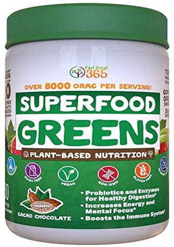 Superfood Vital Greens Powder - Cocoa Chocolate by Feel Great 365, Doctor Formulated, Organic, Whole30 Friendly, and Vegan, 100% Non-GMO with Real Green Vegetables, Polyphenols, and Probiotics
