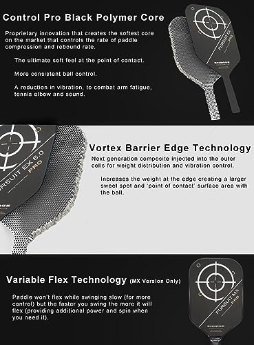 Engage Pursuit Pro MX 6.0 Pickleball Paddle – Elongated Shape, Raw T700 Toray Carbon Fiber Face, 16mm Control Pro “Black” Core, Vortex Barrier Edge Technology Limits Vibration – Standard Weight