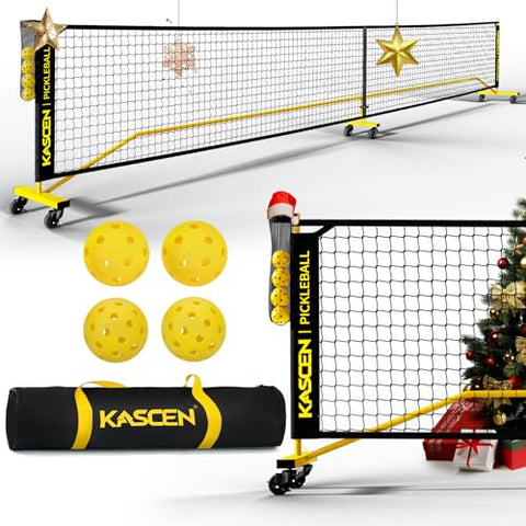 Kascen Portable Pickleball Net with Wheels - 22FT USAPA Pickleball Net for Driveway, Pickle Ball Net System with Exclusive Ball Holder & 4 Pickleballs, Pickleball Net for Outdoor Indoor Backyard Black