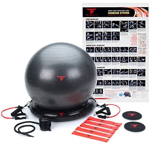 ThinkFit Anti Burst Yoga Exercise Ball 65cm & Resistance Exercise Bands Set with Handles & Stability Ring - Total Home Gym Equipment Bundle: Workout Posters, Ball Pump & Core Sliders for Fitness