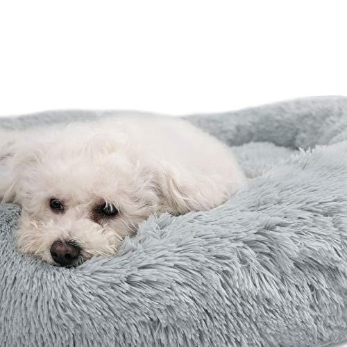 Veehoo Self-Warming Round Dog Bed for Medium Dogs & Cats, Luxurious Faux Fur Donut Cuddler, Bolster Pet Bed & Sofa, Extra Plush Dog Pillow & Couch, Machine Washable, Grey