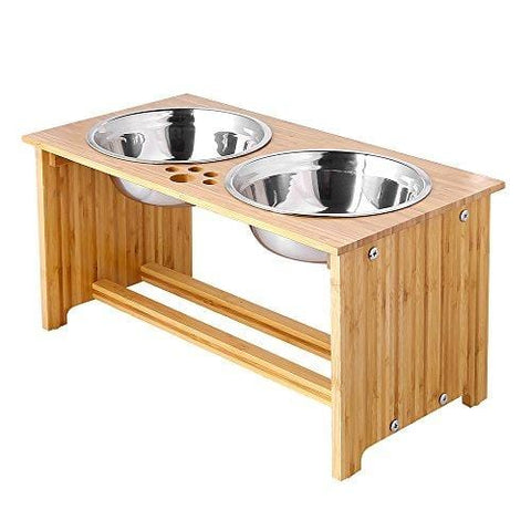 FOREYY Raised Pet Bowls for Medium and Large Dogs - Bamboo Elevated Dog Cat Food and Water Bowls Stand Feeder with 2 Stainless Steel Bowls and Anti Slip Feet (New 10'' Tall)
