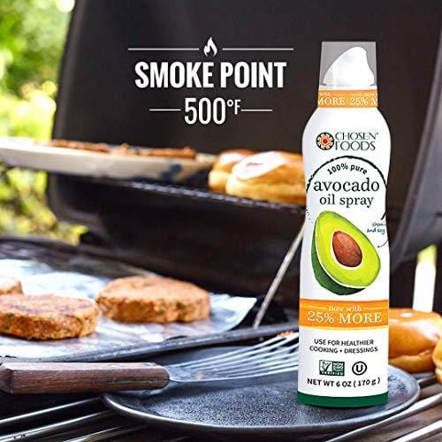 Chosen Foods 100% Pure Avocado Oil Spray 6 oz., Non-GMO, 500° F Smoke Point, Propellant-Free, Air Pressure Only for High-Heat Cooking, Baking and Frying