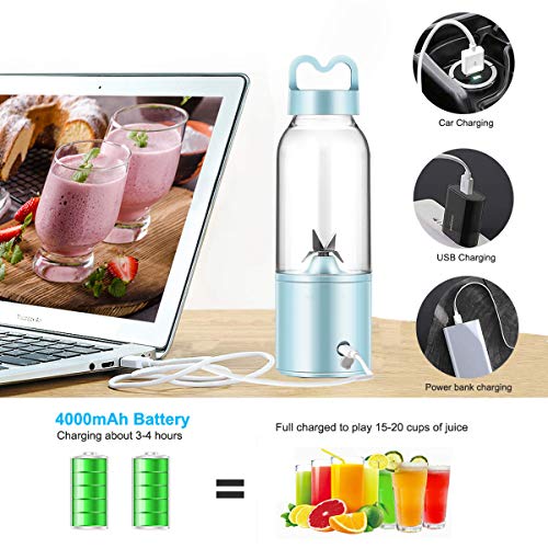 YesTree Portable Blender, Small Smoothie Blender - 4 Blades, 17oz/500ml Fruit Mixing Machine with 4000mAh USB Rechargeable Batteries, Larger Stronger and Faster, Detachable Cup Blender, Blue (BPA free)