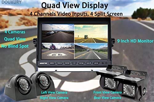 Douxury Backup Camera System, 4 Splite Screen 9'' Quad View Display HD Monitor with DVR Recording Function, Waterproof Night Vision Cameras x 4 for Truck Trailer Heavy Box Truck RV Camper Bus