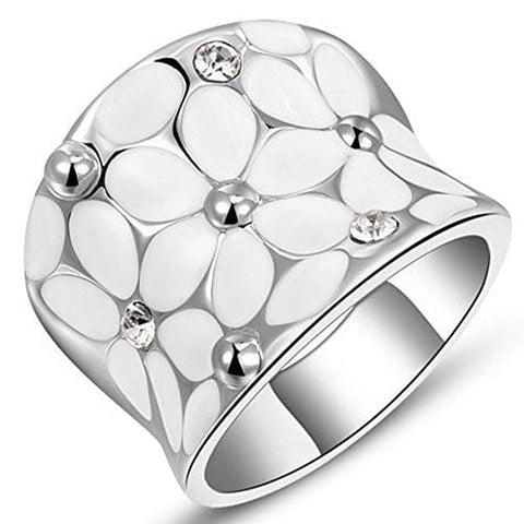 Womens Elegant Enamel Flower White Gold Band Bloom Petal Platinum Wedding Engagement Ring Crystal Inlay Size 8