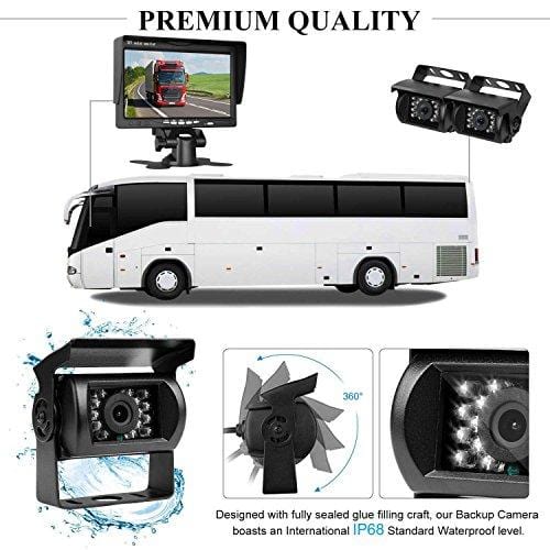 HD 720P Backup Camera and 7" Monitor Kit, 2 Cameras for School Bus/Trailer/RV/Truck/Pick up/Van Rear View Camera Single Power System IP68 Waterproof Night Vision Driving/Reversing Use