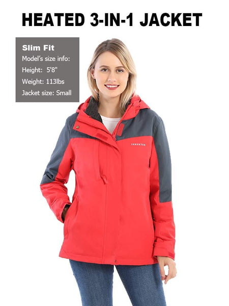 Venustas [2019 New] Women's 3-in-1 Heated Jacket with Battery Pack, Ski Jacket Winter Jacket with Removable Hood Waterproof Red