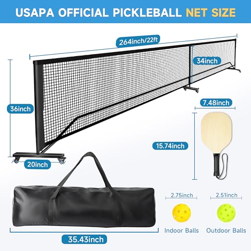 Pickleball Set with Net, Rengue Pickleball Net with Wheels for Driveway Backyard,22FT Regulation Size,4 Pickleball Paddles & 6 Balls, 1 Carry Bag, 1 Ball Bag, Pickleball Set for Indoor Outdoor Play