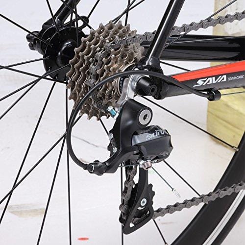 SAVADECK Aluminium Road Bike, R8 700C Carbon Fork Road Bicycle Light Aluminium Alloy Frame Road Bike with Shimano SORA R3000 18 Speed Derailleur System and Double V Brake Black Red 52CM