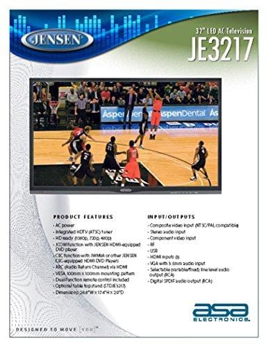 Jensen JE3217 32" LED AC Television with Integrated HDTV (ATSC) Tuner and Remote Control, 1366 x 768 WXGA+ Resolution, HDTV Ready (1080p, 720p, 480p), High Performance Wide 16:9 LCD Panel, 110V AC