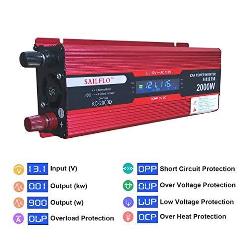 2000W (1000 watts continuous) Power Inverter for Home Car RV with 2 AC Outlets Power Converter 12V DC to 110V AC Inverter (Cigarette lighter adapter for device under 150W)