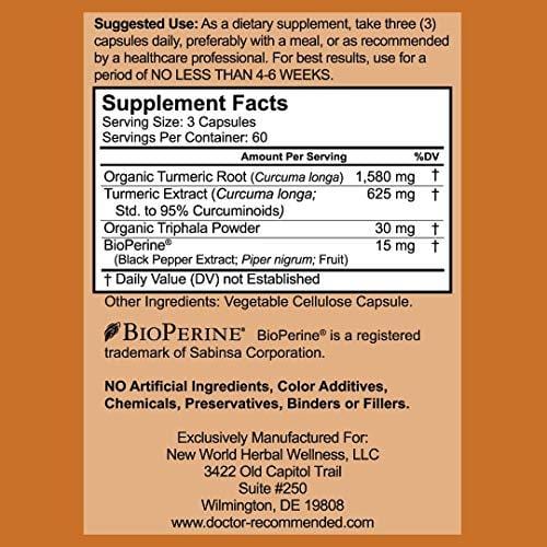 Turmeric Curcumin - 2250mg/d - 180 Veggie Caps - 95% Curcuminoids with Black Pepper Extract (Piperine) - 750mg Capsules - 100% Organic - Most Powerful Turmeric Supplement - with Triphala