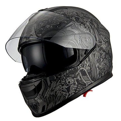 1Storm Motorcycle Full Face Helmet Dual Lens/Sun Visor Matt Skull Black
