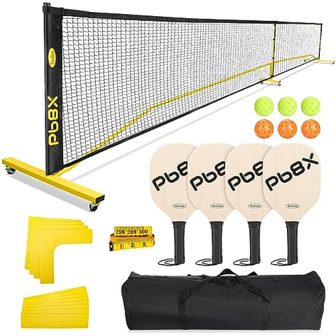 Deeliva Pickleball Set Net with Wheels Driveway Portable Outdoors Regulation Size Pickle Ball Nets System with 4 Paddles, 6 Pickle Balls, Court Line Marker, Carry Bag, Weather Resistant Metal Frame