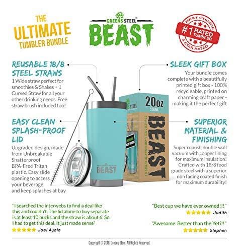 BEAST 20oz Tumbler Insulated Stainless Steel Coffee Cup with Lid, 2 Straws, Brush & Gift Box by Greens Steel (20 oz, Aquamarine Blue)
