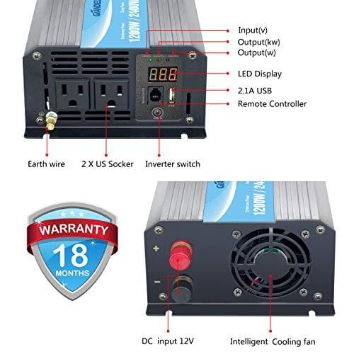 Power Inverter Pure Sine Wave 1200Watt 12V DC to 110V 120V with Remote Control Dual AC Outlets and USB Port for CPAP RV Car Solar System Emergency