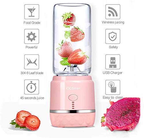 Mini Portable Eletric Personal Blender with 2 Juicer Cup, USB Rechargeable Smart Smoothie Maker Juicer Blender for Shakes Baby Food Mixing Machine with Powerful Motor, 2x2000mAh High Capacity Batteries (Pink)