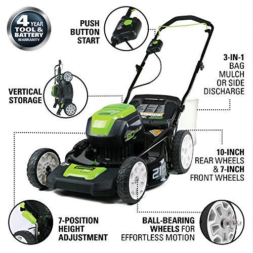 Greenworks GLM801601 21-Inch 80V Cordless Push Lawn Mower, includes two 2Ah Batteries and Charger