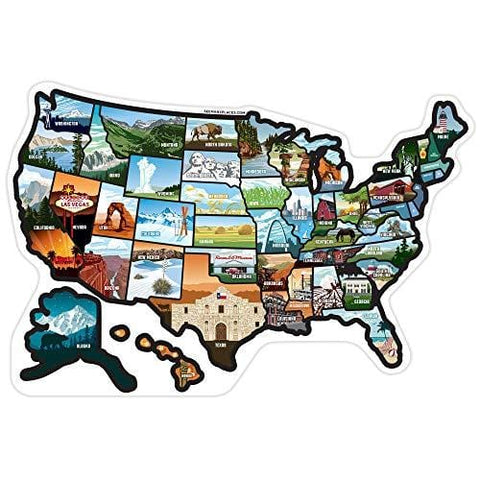 SEE MANY PLACES .com RV State Stickers United States Travel Camper Map RV Decals for Window, Door, or Wall ~ Includes 50 State Decal Stickers with Scenic Illustrations