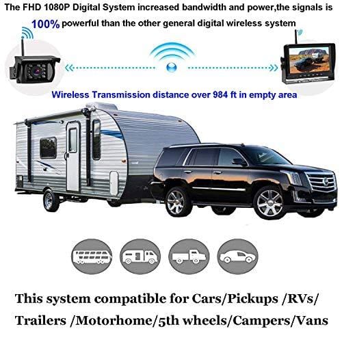 FHD 1080P Digital Wireless Backup Camera Kit, No Interference, IP69 Waterproof Wireless Rear View Camera and 7 Inch LCD Wireless Reverse Monitor for Rv/Truck/Trailer/Bus/Pickup/Van