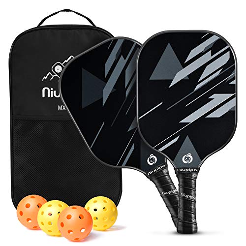 niupipo Pickleball Paddles, Pickleball Set, 2 Pickleball Rackets, 4 Pickleball Balls and 1 Pickleball Bag, Fiberglass Surface, Polypropylene Honeycomb Core, Lightweight Pickleball Paddle