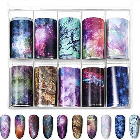 10 Sheets Fashion Art Nail Foil Transfer Stickers, Nail Decals Transfer Foil Box, DIY Decoration for Women and Kids, 10 Colors (Starry Sky Patterns)