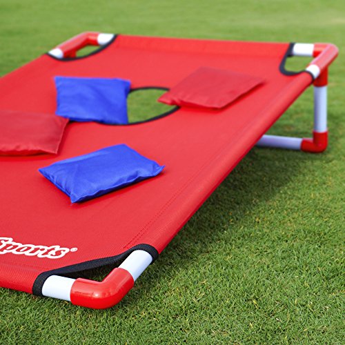 GoSports Portable PVC Framed Cornhole Toss Game Set with 8 Bean Bags and Travel Carrying Case - Choose American Flag Design, Red & Blue or Football