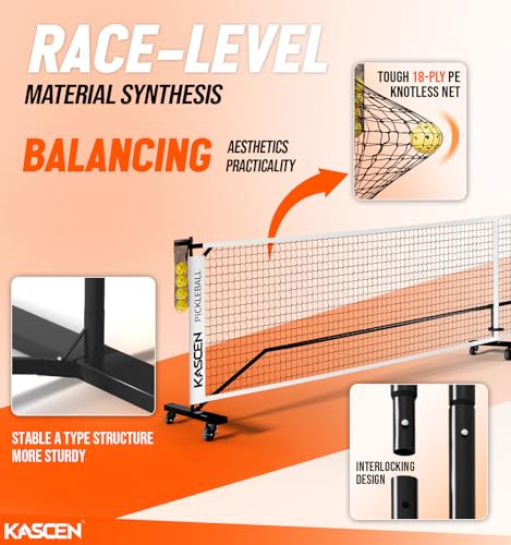 KASCEN Portable Pickleball Net for Driveway - 22 FT Pickleball Net Set Outdoor Regulation Size with Wheels, Pickle Ball Net System for Backyards, Indoor with Ball Holde, 4 Pickleballs & Carrying Bag