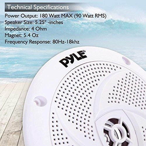 Pyle Marine Speakers - 5.25 Inch 2 Way Waterproof and Weather Resistant Outdoor Audio Stereo Sound System with 180 Watt Power and Low Profile Slim Style - 1 Pair - PLMRS5W (White)