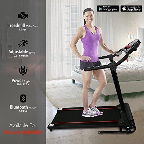 SereneLife Smart Digital Folding Exercise Machine - Electric Motorized Treadmill with Downloadable Sports App for Running & Walking - Pairs to Phones, Laptops, & Tablets via Bluetooth - SLFTRD18
