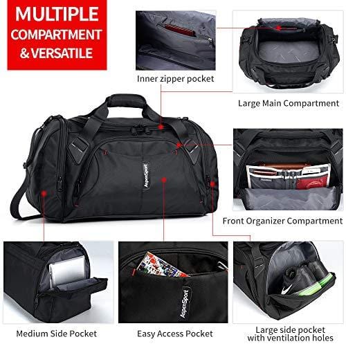 ASPENSPORT Duffel Bag for Travel Sport Gym Water Resistant Carry on 40 L Black