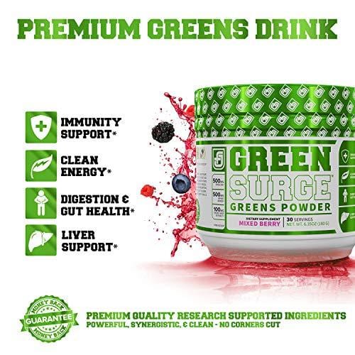 GREEN SURGE Green Superfood Powder Supplement - Greens Drink w/ Spirulina, Wheat & Barley Grass, & Organic Greens - Probiotics & Digestive Enzymes -30sv Keto Friendly