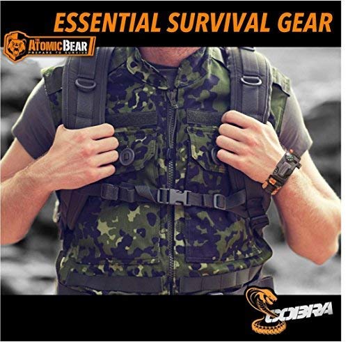 Atomic Bear Paracord Bracelet (2 Pack) - Adjustable Size - Fire Starter - Loud Whistle - Emergency Knife - Perfect for Hiking, Camping, Fishing and Hunting - Black & Black+Orange