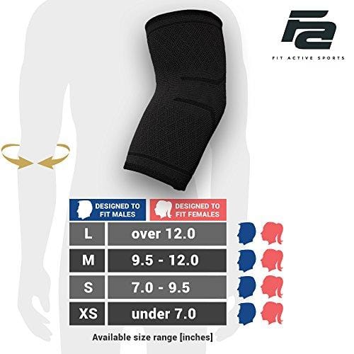 Fit Active Sports Compression Elbow Sleeve Support Brace for Tennis, Golfers, Tendonitis, Weightlifting, Bursitis, Workouts, Gym, Recovery, Pain Relief. Wear Anywhere